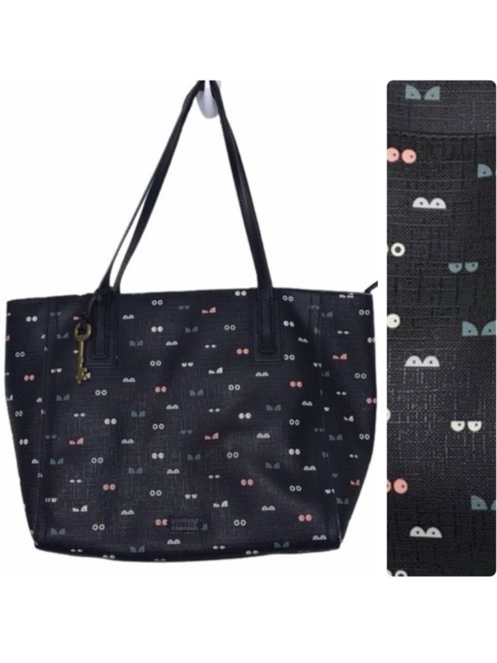 Fossil Black Vegan Leather Glowy Eyes Tote